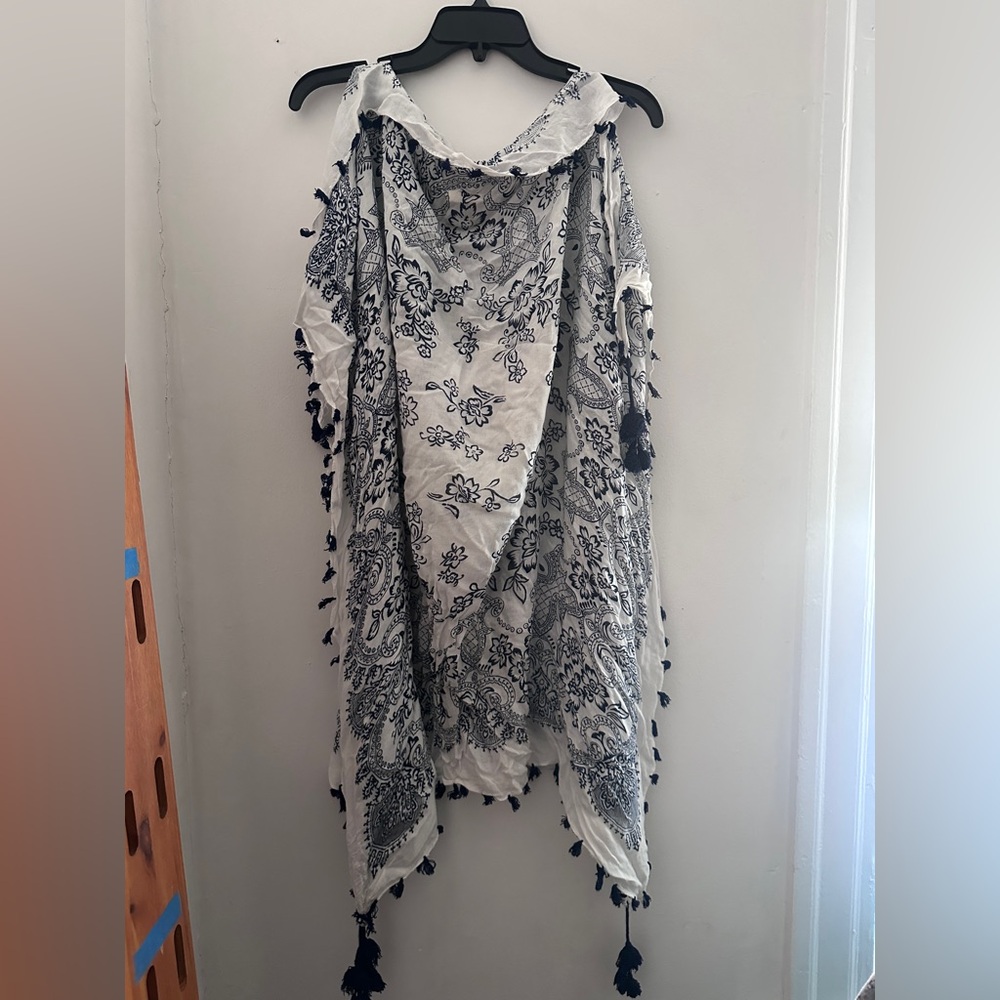 Navy and White Paisley Cover-up with Tassels OS